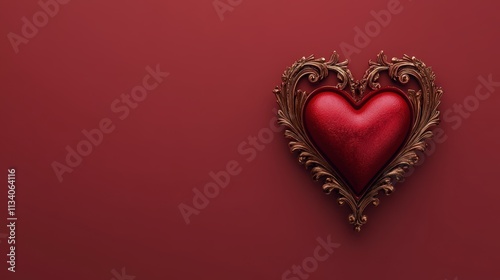 A decorative red heart framed in ornate gold, set against a rich red background, symbolizing love and affection.