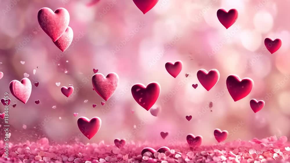 Numerous hearts of varying sizes floating in the air, creating a captivating display, A romantic backdrop with soft pink hues and floating hearts