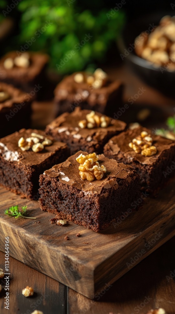 Delicious chocolate brownies topped with walnuts on a wooden serving board. Delicious chocolate brownies topped with walnuts on a wooden serving board.