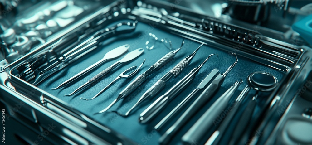A set of dental instruments arranged neatly for medical procedures. A set of dental instruments arranged neatly for medical procedures.