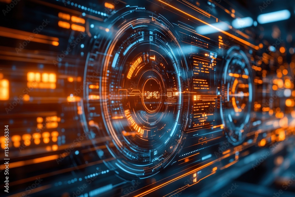 A futuristic digital interface with glowing orange and blue elements, emphasizing technology. A futuristic digital interface with glowing orange and blue elements, emphasizing technology.