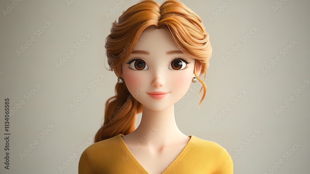A close-up portrait of a smiling cartoon woman with auburn hair styled in a side ponytail, wearing a mustard yellow top against a light grey background. A close-up portrait of a smiling cartoon woman with auburn hair styled in a side ponytail, wearing a mustard yellow top against a light grey background.
