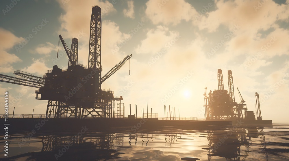 Majestic silhouette of an offshore drilling platform rising against the tranquil morning sky capturing the energy and scale of the oil and gas industry Majestic silhouette of an offshore drilling platform rising against the tranquil morning sky capturing the energy and scale of the oil and gas industry