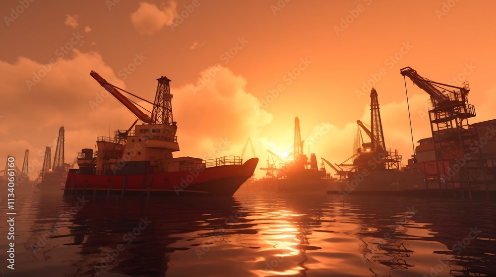 Fototapeta premium An offshore oil and gas drilling platform silhouetted against the vibrant colors of the morning sky showcasing the industrial and technological aspects of the energy sector