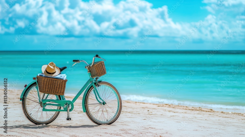 Fototapeta premium A teal bicycle with a straw hat and basket rests on a sandy beach overlooking a turquoise ocean. Beautiful scenery of a tropical paradise.