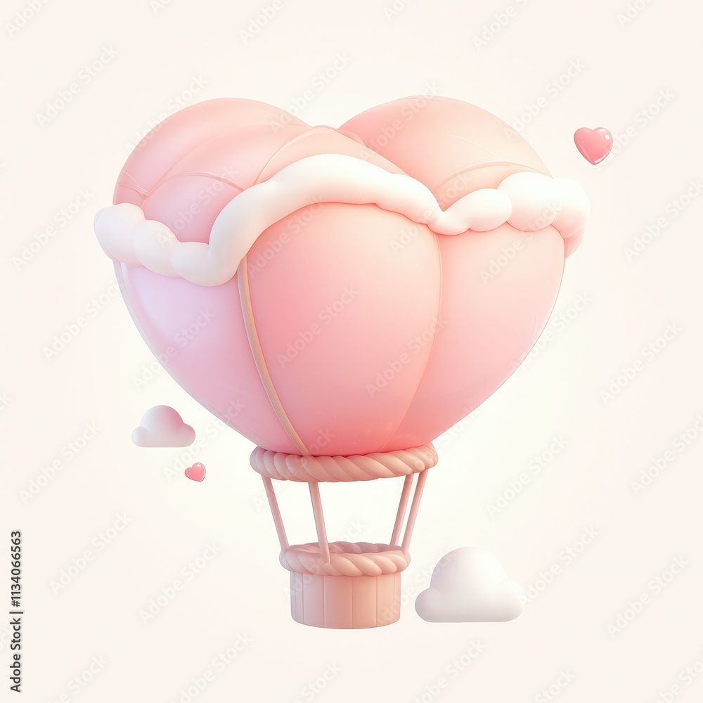 A pink heart-shaped hot air balloon surrounded by small clouds, evoking a whimsical and romantic atmosphere. A pink heart-shaped hot air balloon surrounded by small clouds, evoking a whimsical and romantic atmosphere.