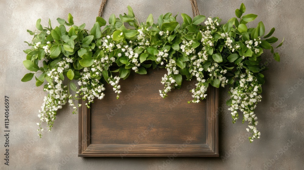 A rustic wooden frame adorned with vibrant green foliage and delicate white flowers, ideal for showcasing quotes, announcements, or as a decorative piece in homes and events, A rustic wooden frame adorned with vibrant green foliage and delicate white flowers, ideal for showcasing quotes, announcements, or as a decorative piece in homes and events,