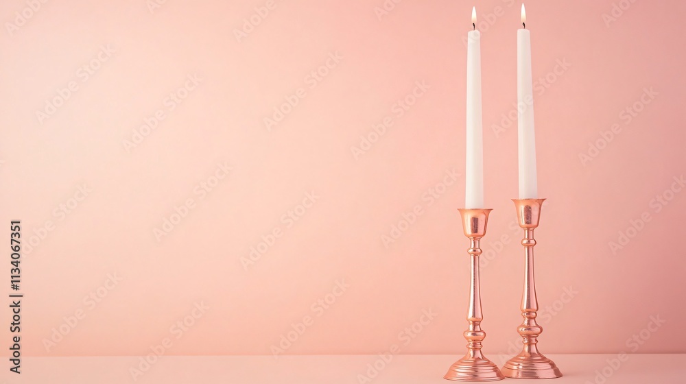 A pair of rose gold candlesticks with white candles, standing against a smooth pastel peach wall A pair of rose gold candlesticks with white candles, standing against a smooth pastel peach wall