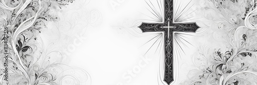 cross on the wall pencil drawing black and white with plants and leaves pattern