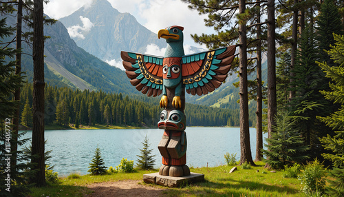 Majestic totem pole stands by tranquil lake surrounded by towering mountains and lush trees