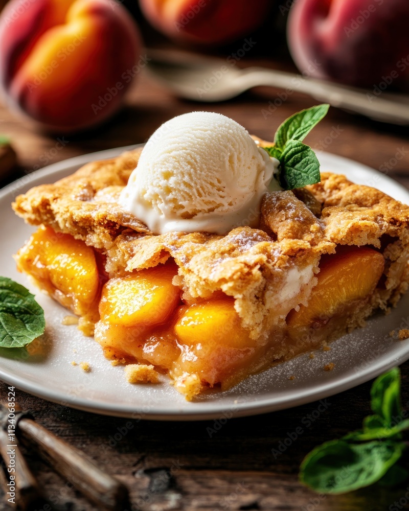 A slice of peach pie topped with ice cream, garnished with mint leaves. A slice of peach pie topped with ice cream, garnished with mint leaves.