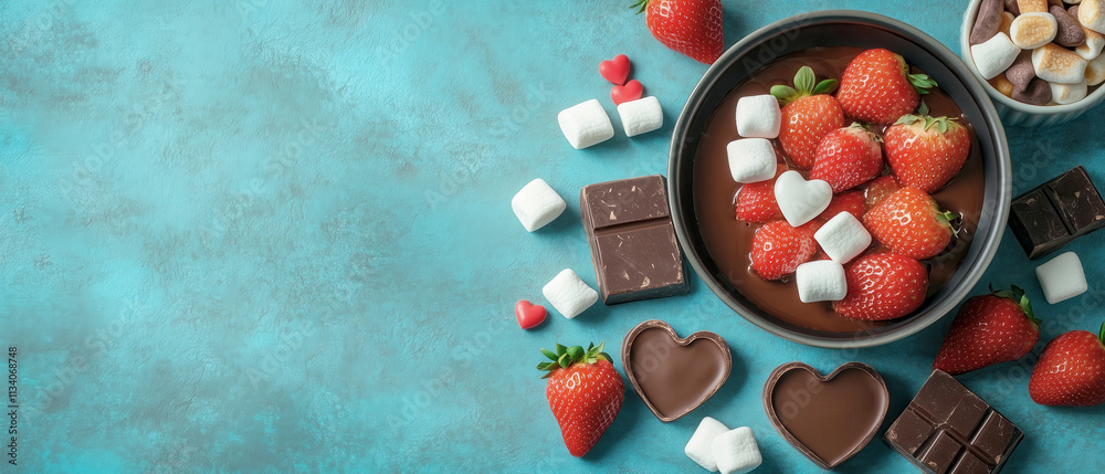 Indulgent chocolate fondue with strawberries and marshmallows Indulgent chocolate fondue with strawberries and marshmallows