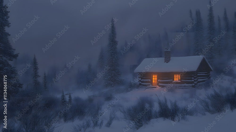 Cozy log cabin nestled in a snowy, foggy forest at twilight, emitting a warm, inviting glow from its window. Cozy log cabin nestled in a snowy, foggy forest at twilight, emitting a warm, inviting glow from its window.