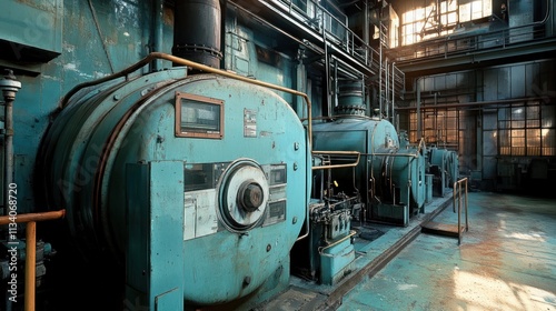 Industrial machinery in an aging factory, showcasing pipes and equipment.