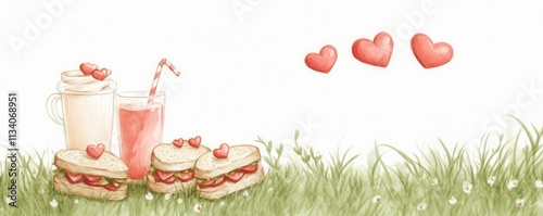 A whimsical picnic scene featuring heart-topped sandwiches and refreshing drinks amidst green grass and floating hearts. photo