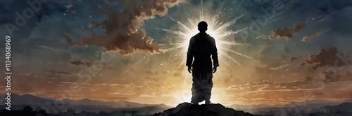 silhouette of a believer who praying to god in the mountains- divine lights emitting