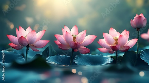 Serene Pink Lotus Blossoms In Peaceful Water