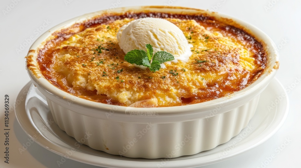 A baked dessert topped with ice cream and mint, served in a white dish. A baked dessert topped with ice cream and mint, served in a white dish.
