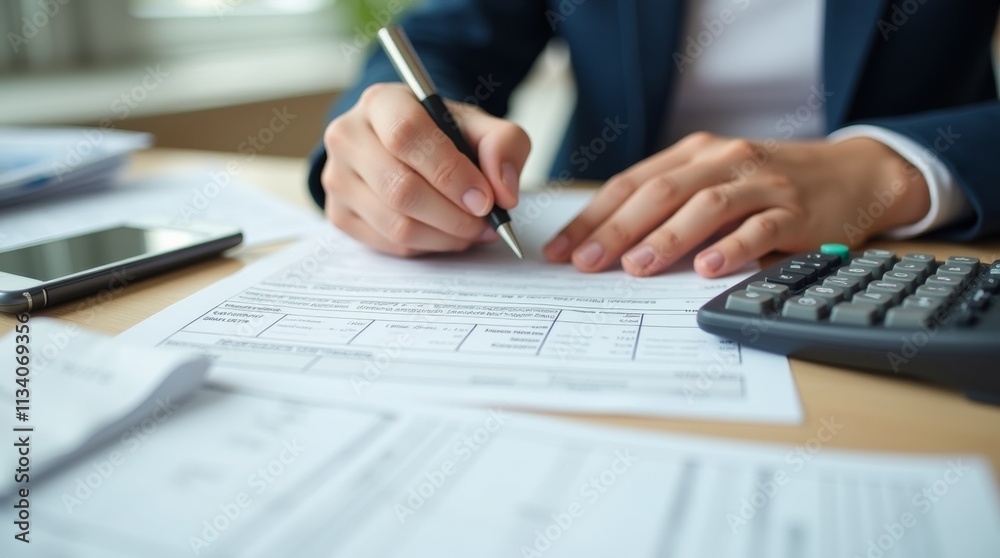 A close-up view of a person filling out a tax form at a desk, surrounded by receipts and a calculator A close-up view of a person filling out a tax form at a desk, surrounded by receipts and a calculator