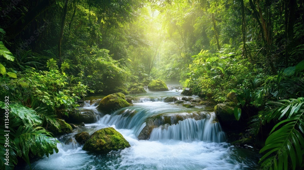 Lush forest with a serene river and cascading waterfalls, illuminated by soft sunlight. Lush forest with a serene river and cascading waterfalls, illuminated by soft sunlight.