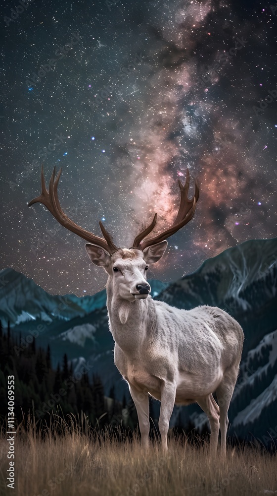 A majestic white deer with perfect antlers, on the mountain and the view of the stars in the beautiful sky A majestic white deer with perfect antlers, on the mountain and the view of the stars in the beautiful sky