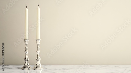 Two tall silver candlesticks with white candles, placed on a smooth marble surface against a plain beige wall