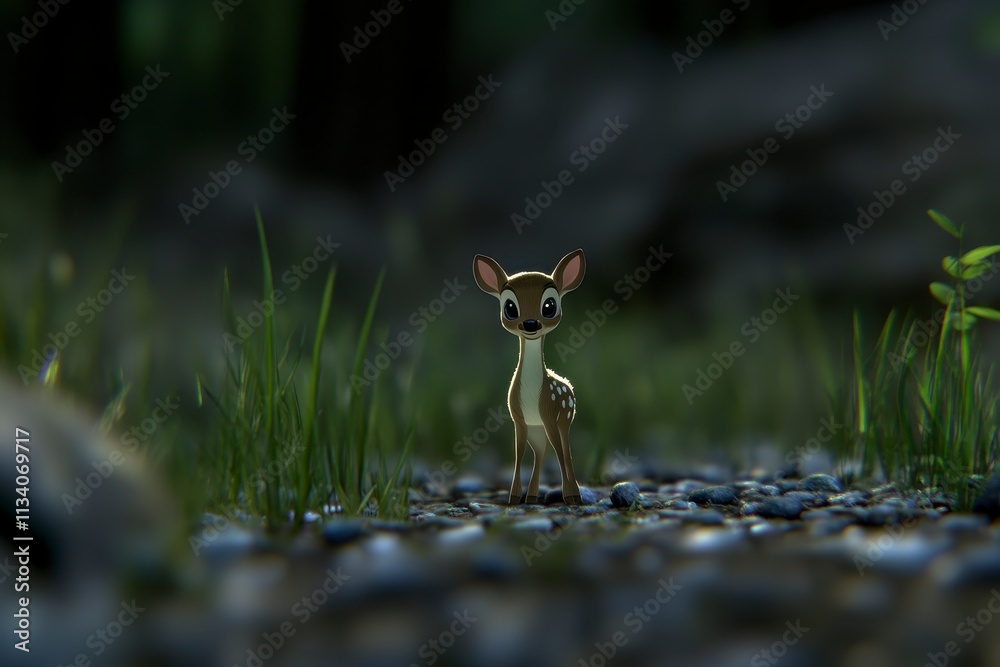 A cute animated deer standing on a gravel path surrounded by grass. A cute animated deer standing on a gravel path surrounded by grass.
