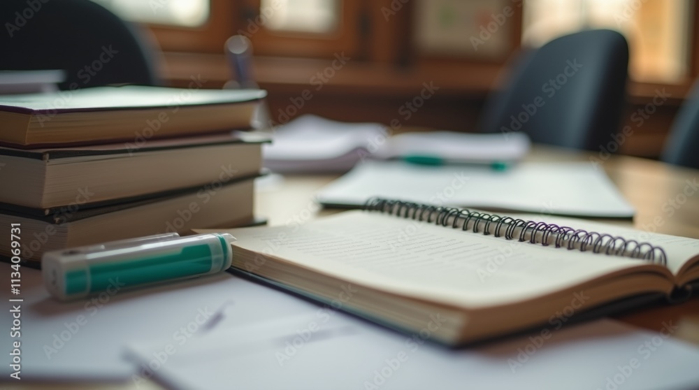 A close-up view of a study desk cluttered with textbooks, notes, and a highlighter A close-up view of a study desk cluttered with textbooks, notes, and a highlighter