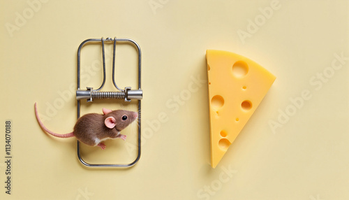 Mouse encounters a trap next to a piece of cheese on a plain background photo