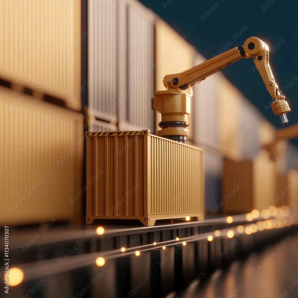 A robotic arm interacts with a golden shipping container, set against a backdrop of other containers, highlighting automation in logistics. A robotic arm interacts with a golden shipping container, set against a backdrop of other containers, highlighting automation in logistics.