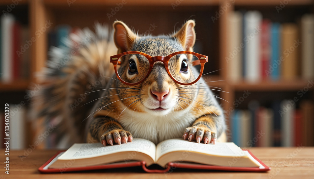 Squirrel with glasses reading a book in a cozy library setting on a bright afternoon Squirrel with glasses reading a book in a cozy library setting on a bright afternoon