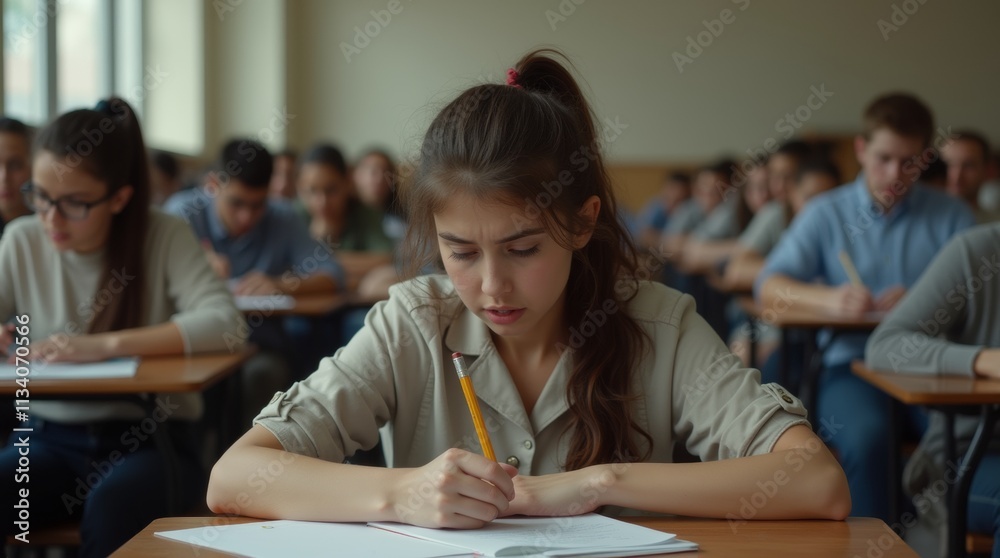 nervous student in a crowded exam room, fidgeting with their pencil and glancing around nervous student in a crowded exam room, fidgeting with their pencil and glancing around