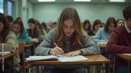 nervous student in a crowded exam room, fidgeting with their pencil and glancing around