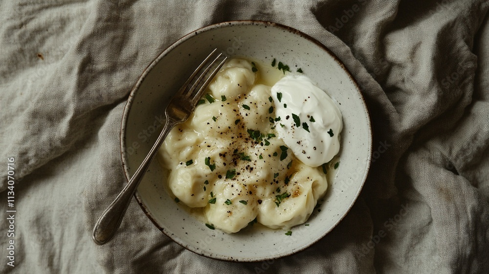 Pelmeni (Russian dumplings) in a bowl with a sprinkle of black pepper and fresh herbs, served with a side of sour cream and a fork, placed on a rustic cloth for a homestyle atmosphere. Pelmeni (Russian dumplings) in a bowl with a sprinkle of black pepper and fresh herbs, served with a side of sour cream and a fork, placed on a rustic cloth for a homestyle atmosphere.