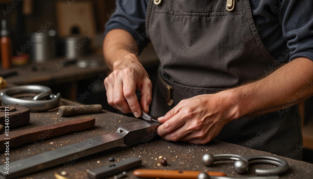 Craftsman meticulously shaping metal with tools in a traditional workshop setting Craftsman meticulously shaping metal with tools in a traditional workshop setting