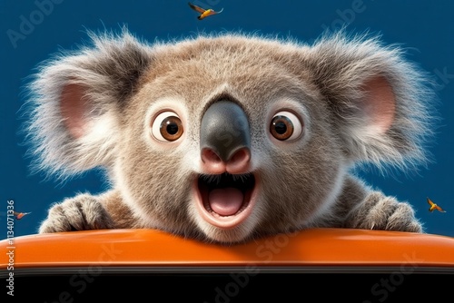 A cute, surprised koala peeking over an orange surface. photo