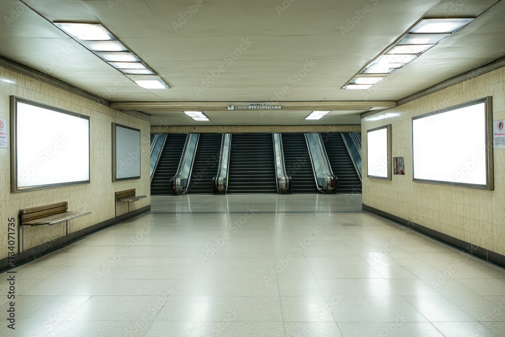 Obraz premium Quiet Subway Station with Escalators and Empty Panels