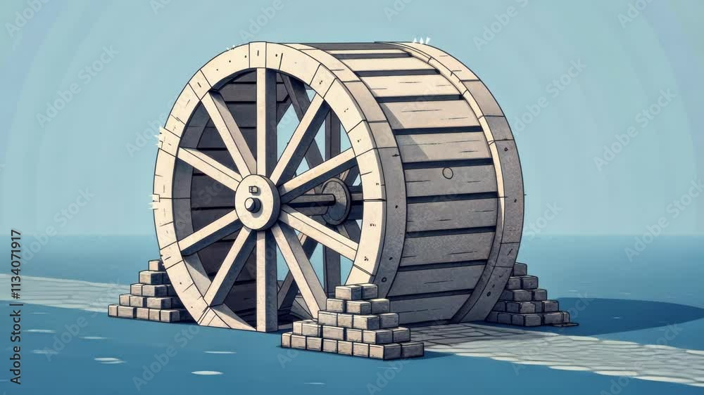 Spinning Cart Wheel A simplistic 3D cart wheel rendered in muted grays and whites with slight pixelation positioned to look like its rolling forward. The background is a soft blue