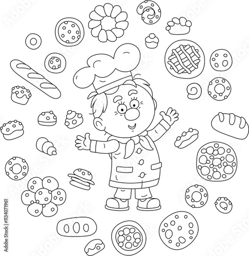 Wallpaper Mural Funny baker and pastry cook surrounded by freshly baked pastry including long loafs, breads, rolls, buns, pies, pasties and cakes, black and white vector cartoon illustration for a coloring book Torontodigital.ca