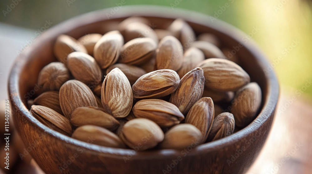 A Close-Up View of Freshly Harvested Pistachio Nuts in a Wooden Bowl on a Natural Background Highlighting the Texture and Color of the Nuts A Close-Up View of Freshly Harvested Pistachio Nuts in a Wooden Bowl on a Natural Background Highlighting the Texture and Color of the Nuts