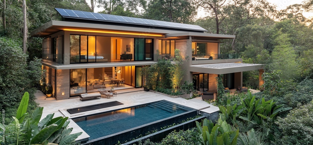 Modern eco-friendly house surrounded by lush greenery and a swimming pool. Modern eco-friendly house surrounded by lush greenery and a swimming pool.