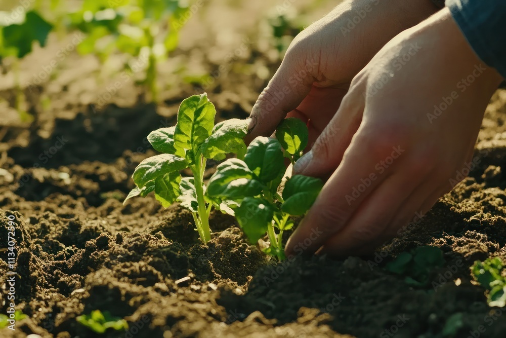 Fototapeta premium Hands Nurturing Young Plants in Soil Garden