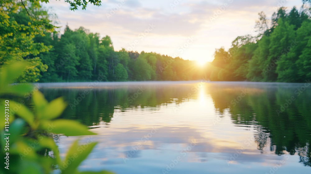 Fototapeta premium Serene sunrise over a tranquil lake surrounded by lush greenery.