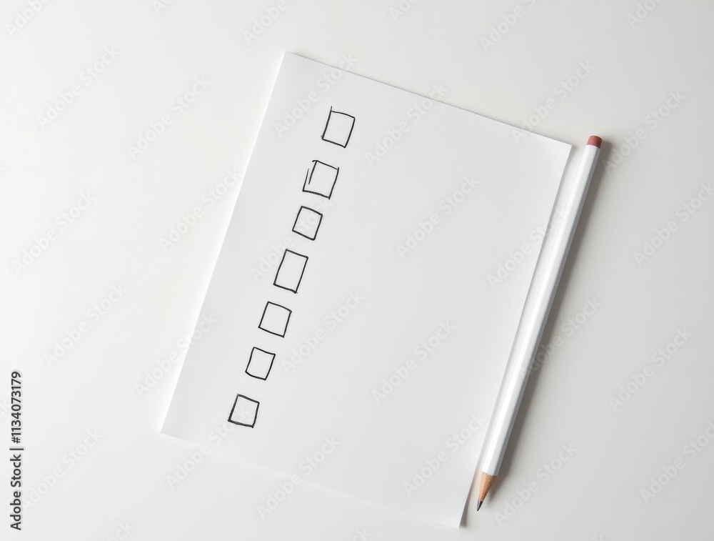 A minimalist depiction of an exam paper with checkboxes and a pencil on a clean desk, focusing on simplicity and clarity. Ideal for education or testing concepts. A minimalist depiction of an exam paper with checkboxes and a pencil on a clean desk, focusing on simplicity and clarity. Ideal for education or testing concepts.