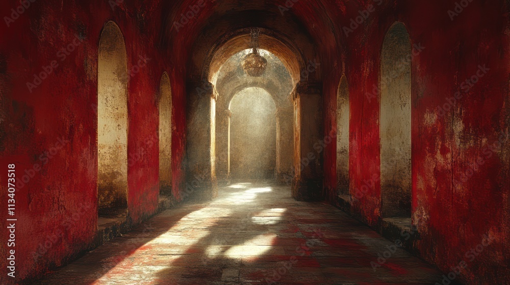 Fototapeta premium Crimson Corridor: A Journey Through Time's Embrace