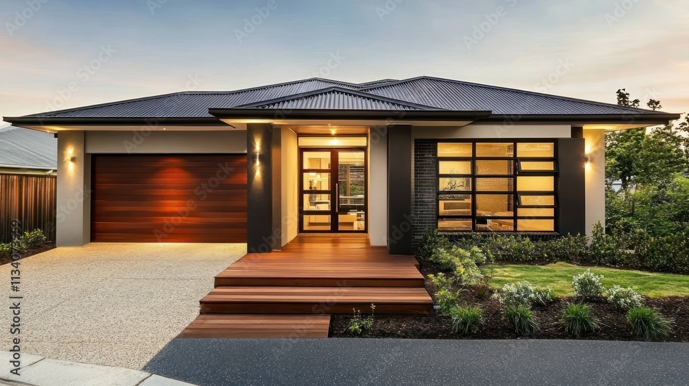 Modern home exterior with a landscaped entrance and garage. Modern home exterior with a landscaped entrance and garage.