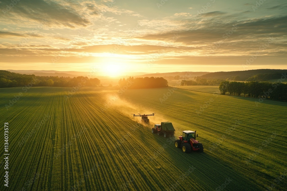 Fototapeta premium Tractors Working in Golden Sunset Over Fields