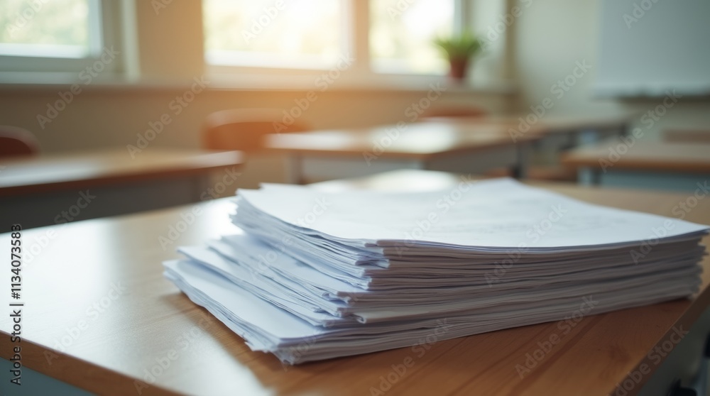 A stack of exam papers placed on a wooden desk in a sunlit classroom, emphasizing the details of the papers. Perfect for themes related to education, testing, or academic settings. A stack of exam papers placed on a wooden desk in a sunlit classroom, emphasizing the details of the papers. Perfect for themes related to education, testing, or academic settings.