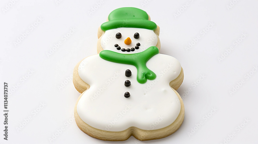 Fototapeta premium Snowman-shaped Cookie with White Frosting and Green Scarf on Snowflakes