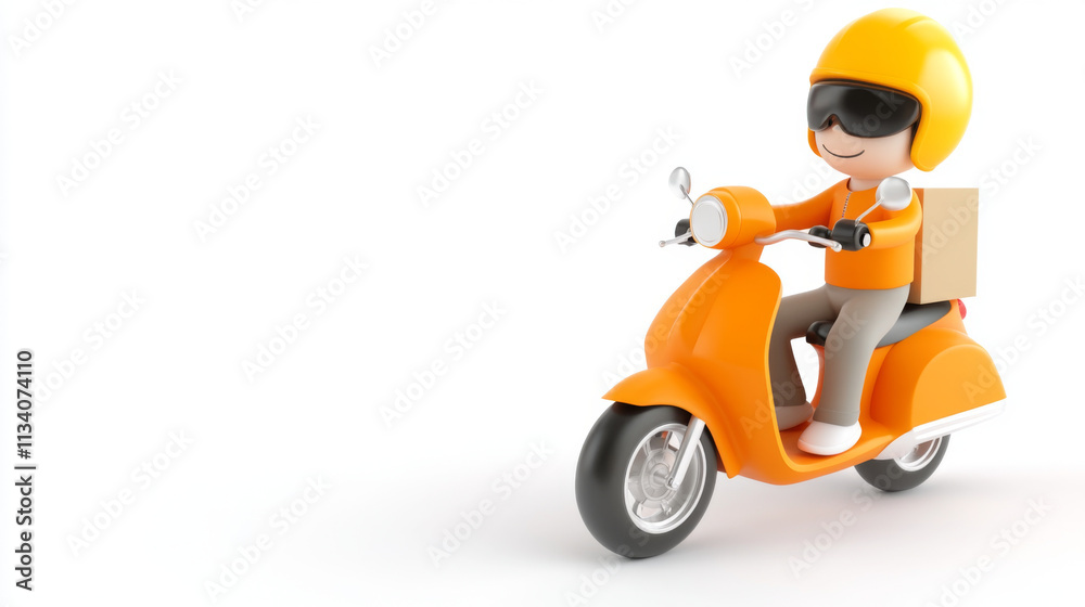 cheerful delivery person rides orange scooter, wearing helmet and sunglasses, ready to deliver packages. bright colors and friendly expression convey sense of reliability and speed cheerful delivery person rides orange scooter, wearing helmet and sunglasses, ready to deliver packages. bright colors and friendly expression convey sense of reliability and speed